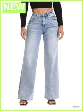 High Waisted Wide Leg Stretchy Jeans Tummy Control Raw Hem
